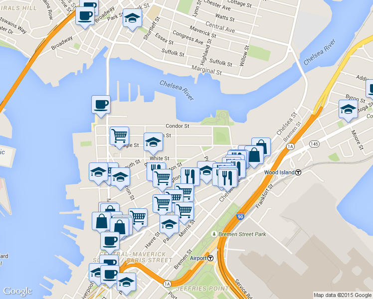 map of restaurants, bars, coffee shops, grocery stores, and more near 217 East Eagle Street in Boston