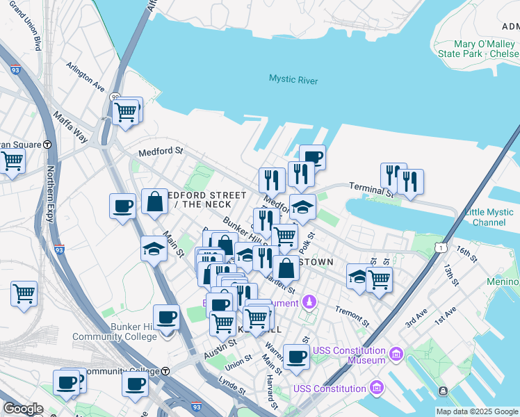 map of restaurants, bars, coffee shops, grocery stores, and more near 16 Hill Street in Boston