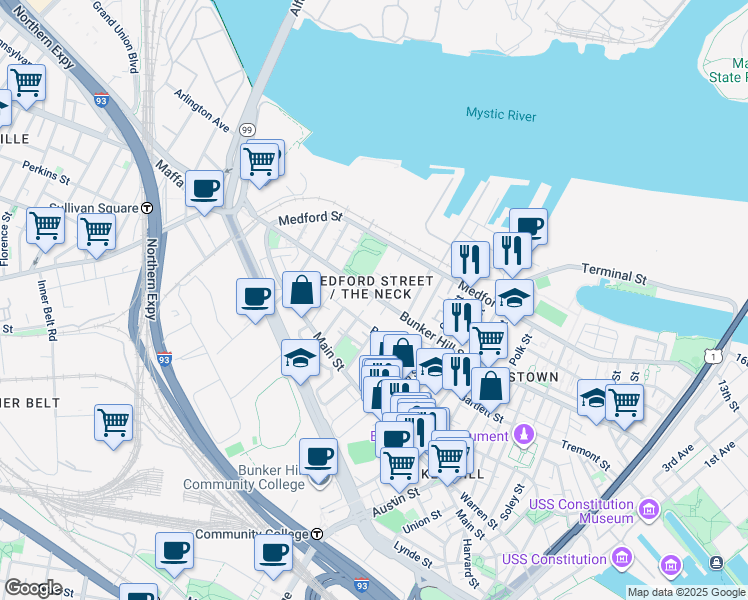 map of restaurants, bars, coffee shops, grocery stores, and more near 324 Bunker Hill Street in Boston