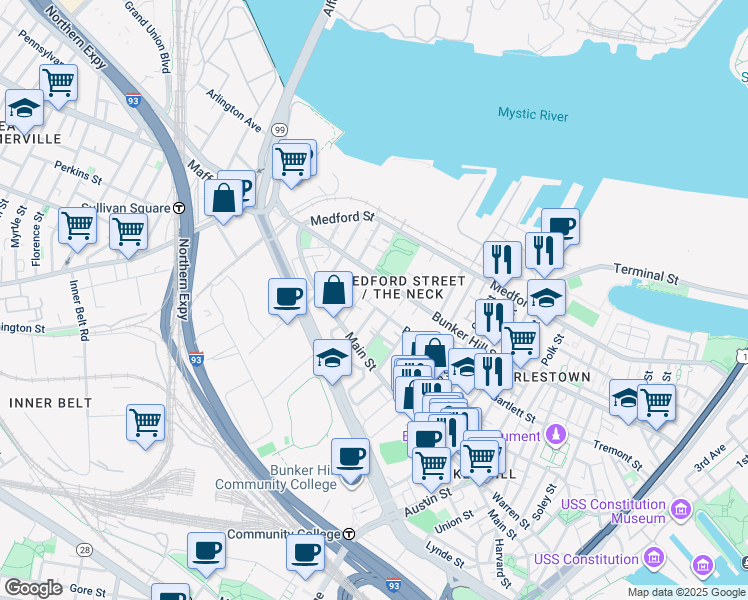 map of restaurants, bars, coffee shops, grocery stores, and more near in Boston