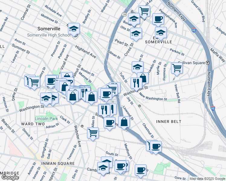 map of restaurants, bars, coffee shops, grocery stores, and more near 22 Boston Street in Somerville