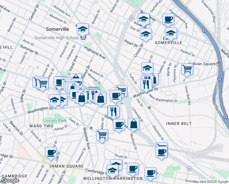 map of restaurants, bars, coffee shops, grocery stores, and more near 22 Boston Street in Somerville