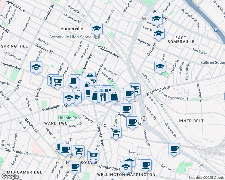 map of restaurants, bars, coffee shops, grocery stores, and more near 38 Columbus Avenue in Somerville