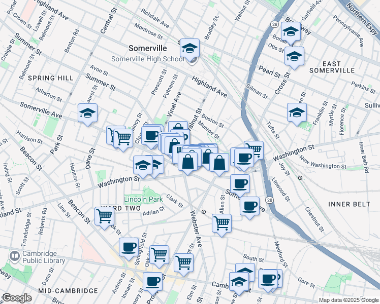 map of restaurants, bars, coffee shops, grocery stores, and more near 13 Warren Avenue in Somerville