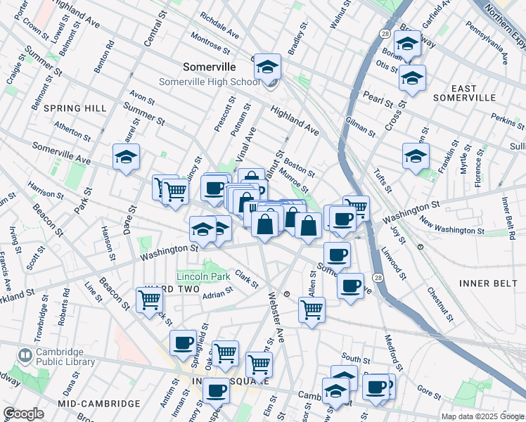 map of restaurants, bars, coffee shops, grocery stores, and more near 13 Warren Avenue in Somerville