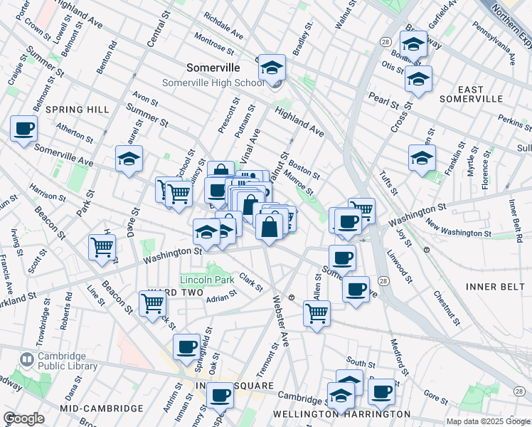 map of restaurants, bars, coffee shops, grocery stores, and more near 26 Bow Street in Somerville
