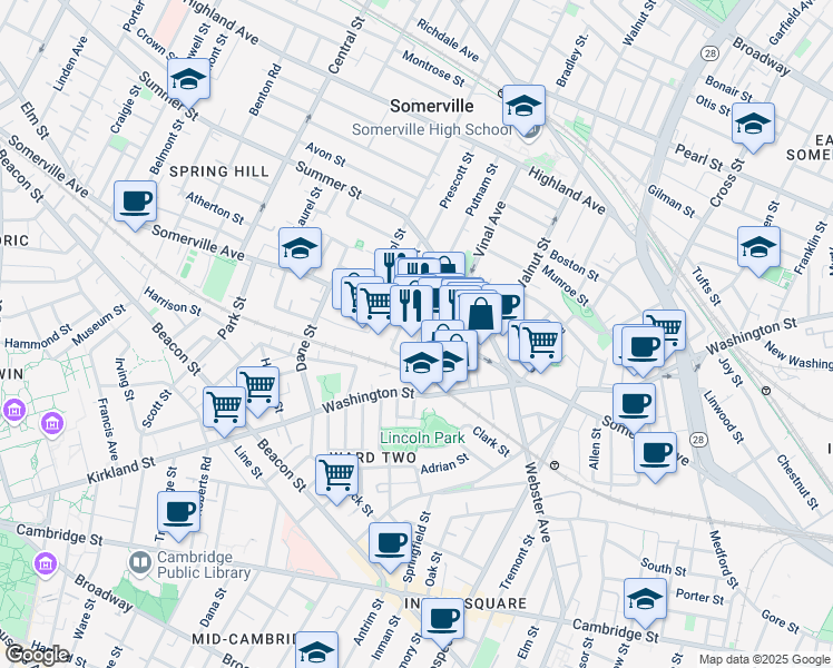 map of restaurants, bars, coffee shops, grocery stores, and more near in Somerville