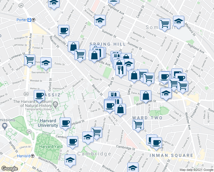 map of restaurants, bars, coffee shops, grocery stores, and more near 54 Park Street in Somerville