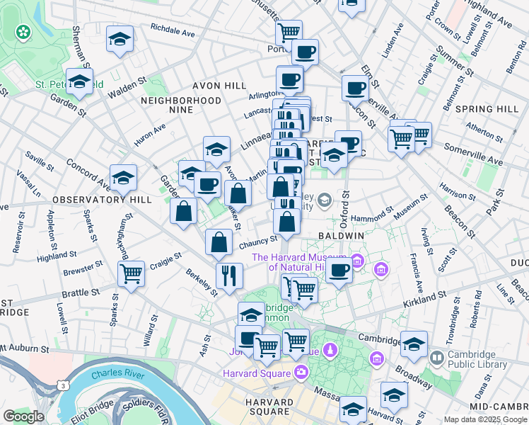 map of restaurants, bars, coffee shops, grocery stores, and more near 19 Rutland Street in Cambridge