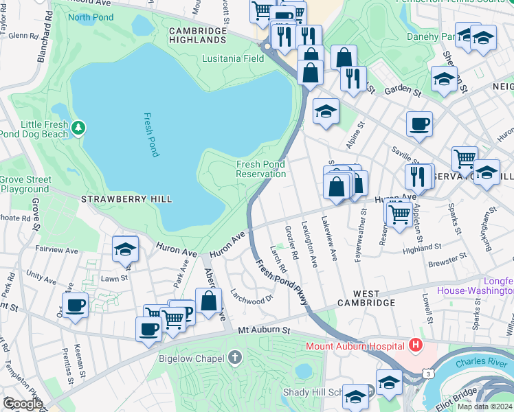 map of restaurants, bars, coffee shops, grocery stores, and more near 183 Larch Road in Cambridge