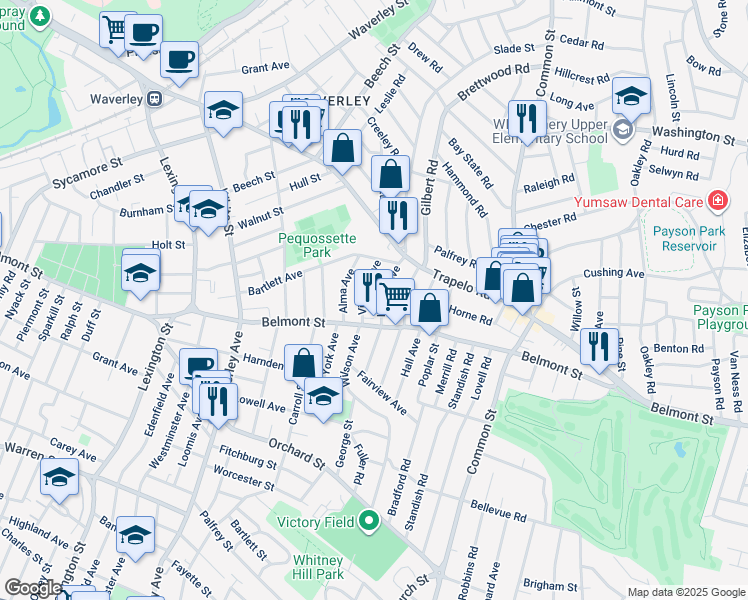 map of restaurants, bars, coffee shops, grocery stores, and more near 48 Harriet Avenue in Belmont