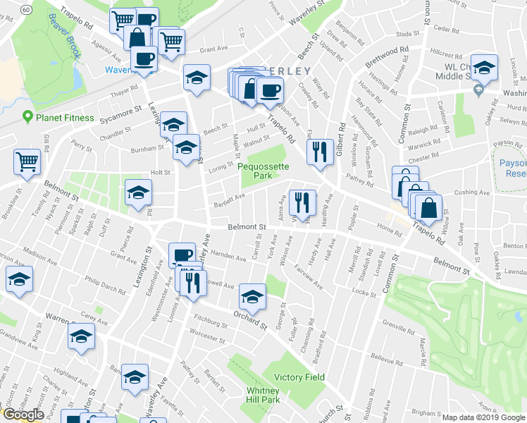 map of restaurants, bars, coffee shops, grocery stores, and more near 22-24 Frederick Street in Belmont