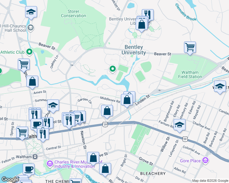 map of restaurants, bars, coffee shops, grocery stores, and more near 36 Middlesex Circle in Waltham