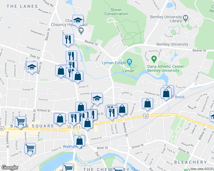 map of restaurants, bars, coffee shops, grocery stores, and more near 168 Church Street in Waltham