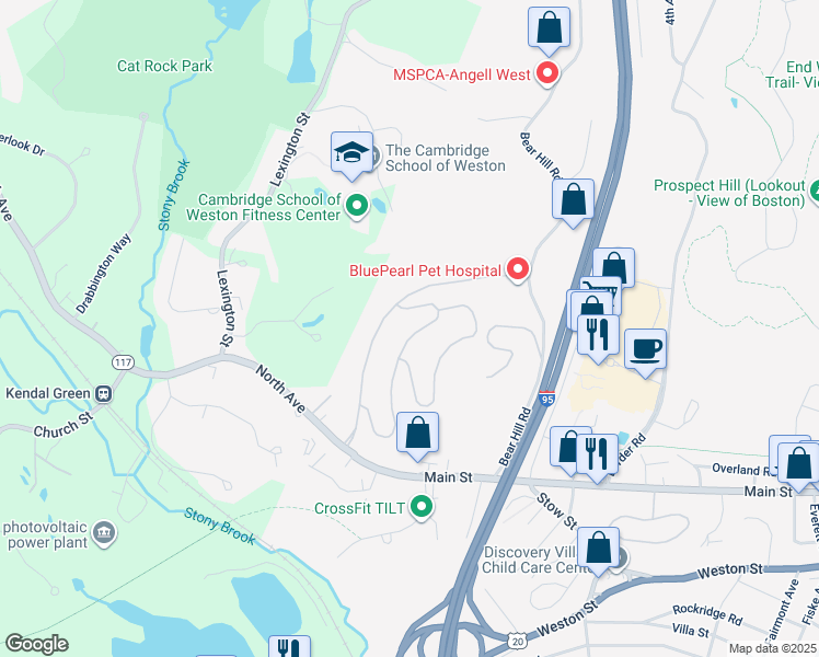 map of restaurants, bars, coffee shops, grocery stores, and more near 85 Black Bear Drive in Waltham
