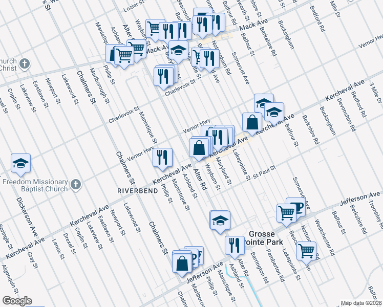 map of restaurants, bars, coffee shops, grocery stores, and more near 2151 Alter Road in Detroit