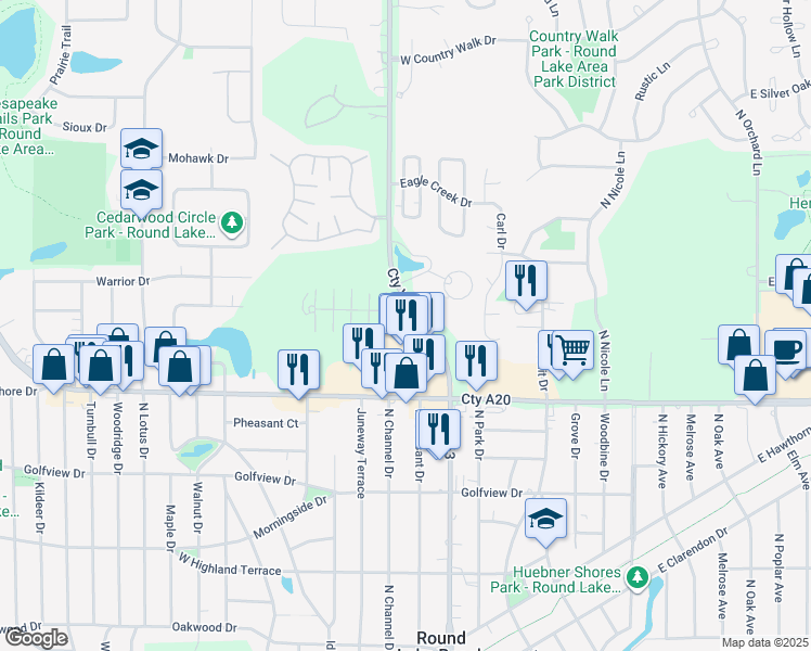 map of restaurants, bars, coffee shops, grocery stores, and more near 337 Meadow Green Lane in Round Lake Beach