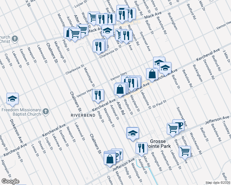 map of restaurants, bars, coffee shops, grocery stores, and more near 2151 Alter Road in Detroit