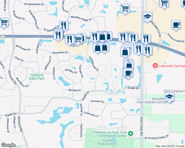 map of restaurants, bars, coffee shops, grocery stores, and more near 6840 Chesapeake Court in Gurnee