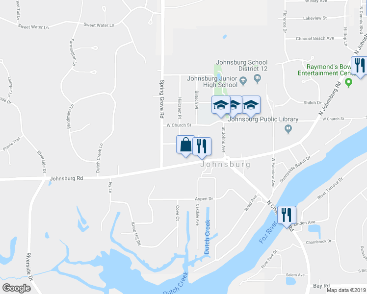 map of restaurants, bars, coffee shops, grocery stores, and more near 2503 Olive Avenue in Johnsburg