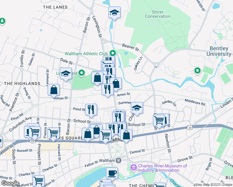 map of restaurants, bars, coffee shops, grocery stores, and more near 131 Lexington Street in Waltham