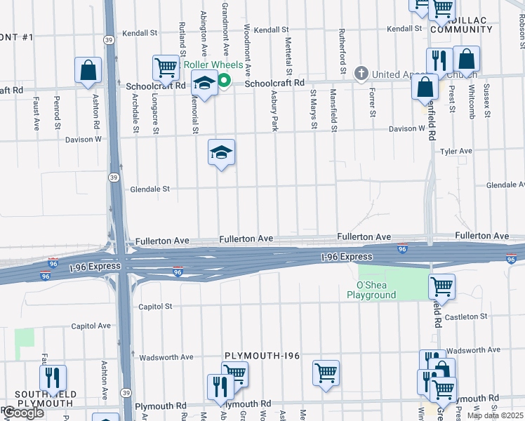 map of restaurants, bars, coffee shops, grocery stores, and more near 12682 Woodmont Avenue in Detroit