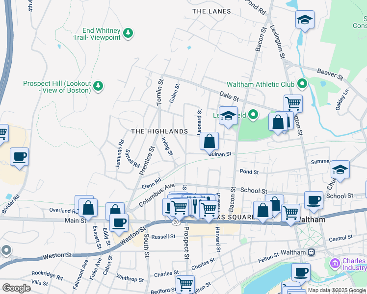map of restaurants, bars, coffee shops, grocery stores, and more near 16 Lawrence Street in Waltham