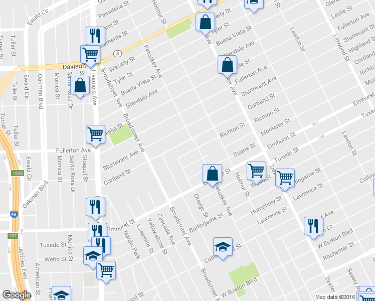 map of restaurants, bars, coffee shops, grocery stores, and more near 4244 Richton Street in Detroit