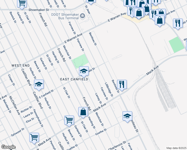 map of restaurants, bars, coffee shops, grocery stores, and more near 4079 Fairview Street in Detroit