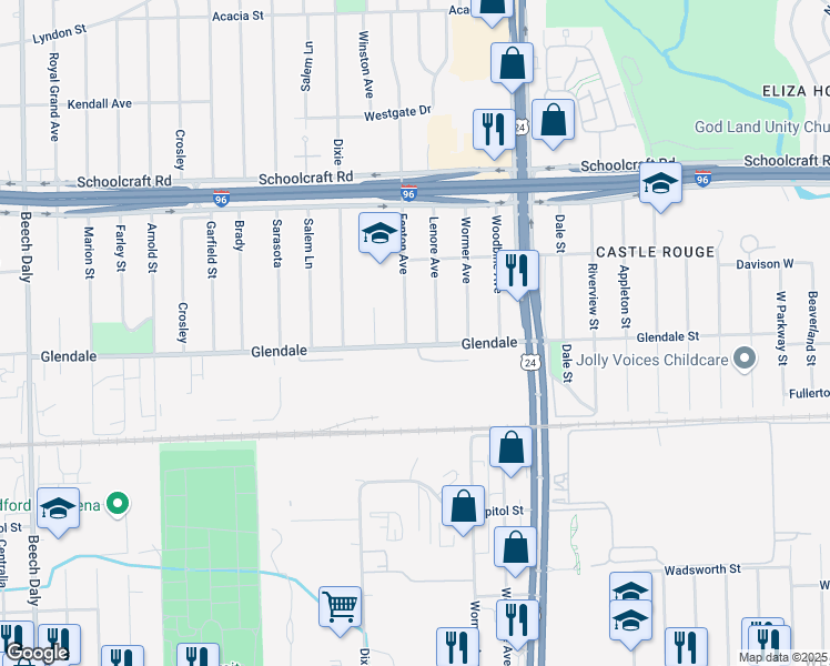 map of restaurants, bars, coffee shops, grocery stores, and more near 12811 Lenore in Redford Charter Township