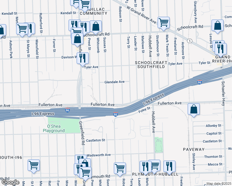 map of restaurants, bars, coffee shops, grocery stores, and more near 12674 Coyle Street in Detroit
