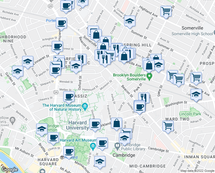 map of restaurants, bars, coffee shops, grocery stores, and more near 59 Francis Avenue in Cambridge