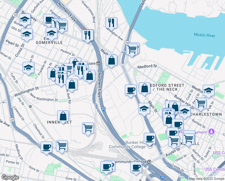 map of restaurants, bars, coffee shops, grocery stores, and more near 570 Rutherford Avenue in Boston