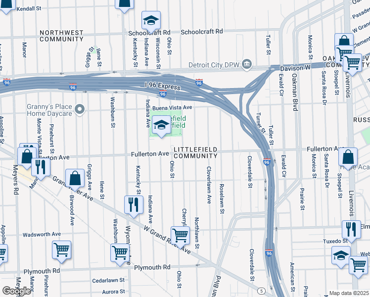map of restaurants, bars, coffee shops, grocery stores, and more near 12612 Cherrylawn Avenue in Detroit
