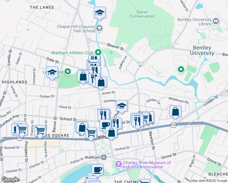 map of restaurants, bars, coffee shops, grocery stores, and more near 25 Summer Avenue in Waltham