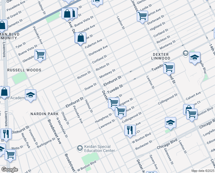 map of restaurants, bars, coffee shops, grocery stores, and more near 3357 Elmhurst Street in Detroit