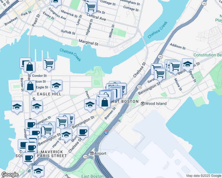 map of restaurants, bars, coffee shops, grocery stores, and more near 8 Shelby Street in Boston
