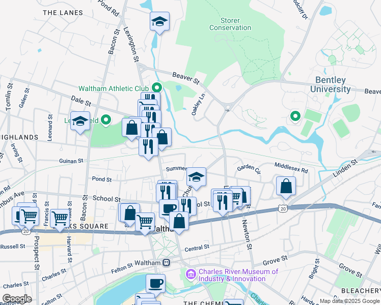 map of restaurants, bars, coffee shops, grocery stores, and more near 25 Summer Avenue in Waltham