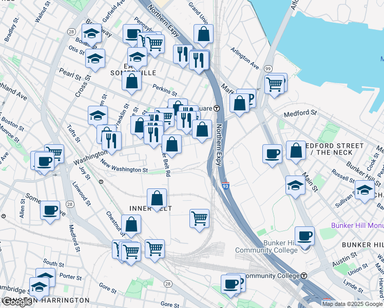 map of restaurants, bars, coffee shops, grocery stores, and more near 40 Roland Street in Boston