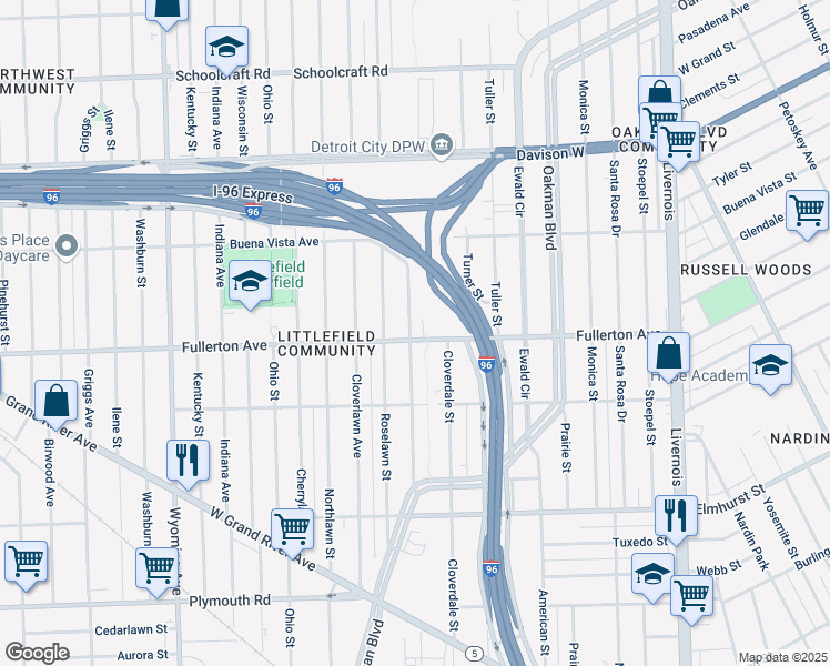 map of restaurants, bars, coffee shops, grocery stores, and more near 8066 Fullerton Avenue in Detroit