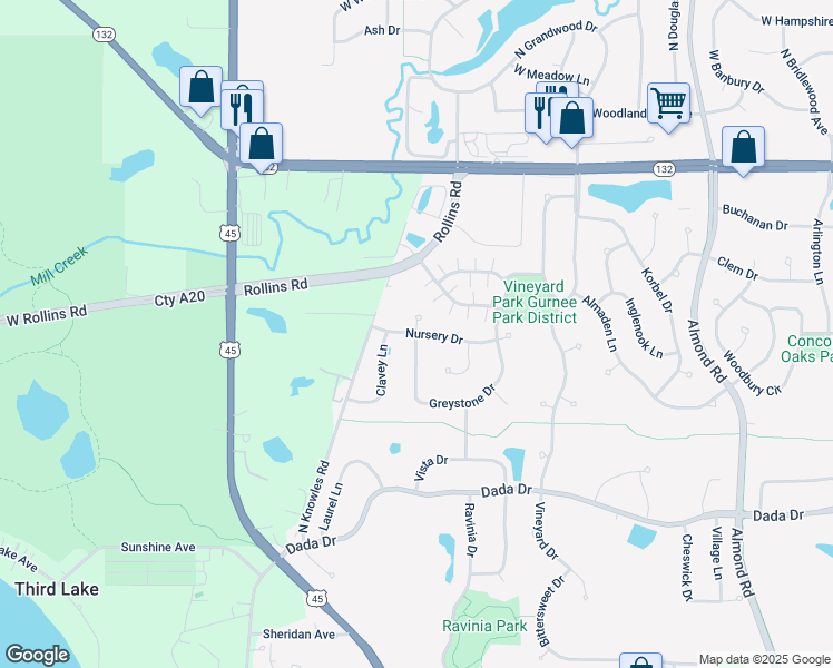 map of restaurants, bars, coffee shops, grocery stores, and more near 1540 Greystone Drive in Gurnee