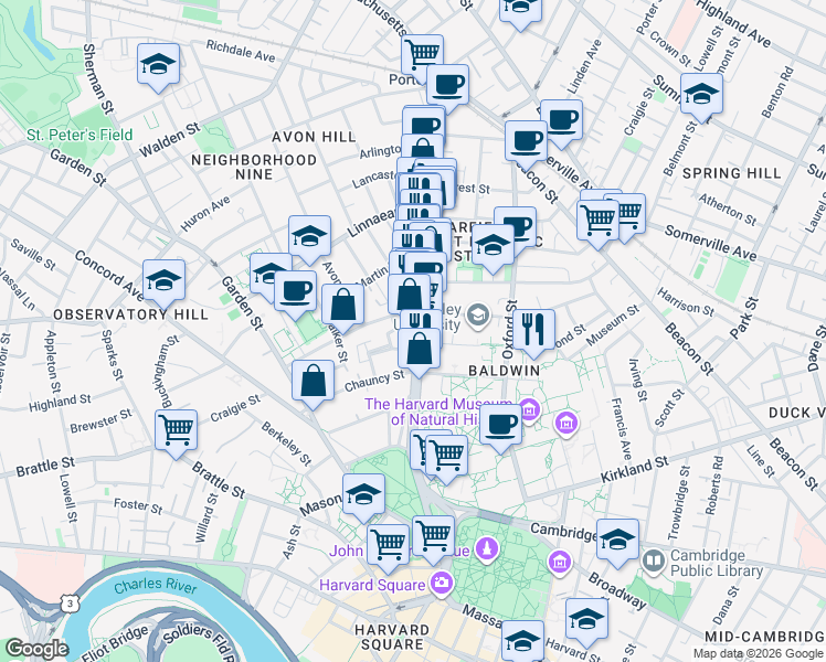 map of restaurants, bars, coffee shops, grocery stores, and more near 1637 Massachusetts Avenue in Cambridge