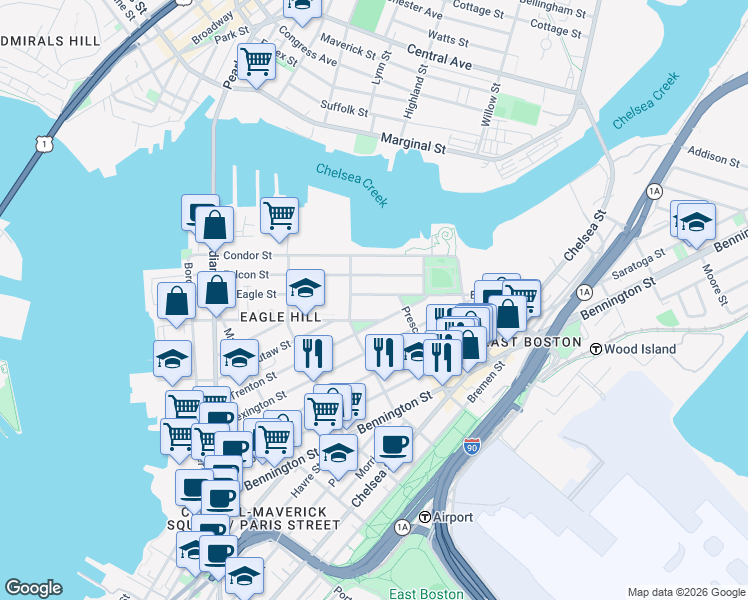 map of restaurants, bars, coffee shops, grocery stores, and more near 221 East Eagle Street in Boston