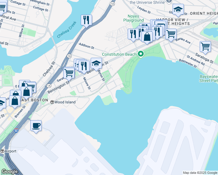 map of restaurants, bars, coffee shops, grocery stores, and more near 210 Byron Street in Boston