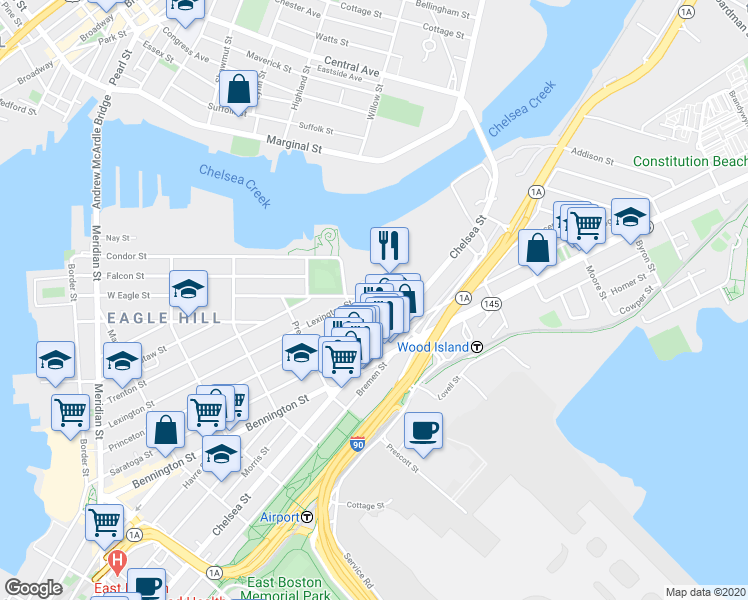 map of restaurants, bars, coffee shops, grocery stores, and more near 8 Shelby Street in Boston