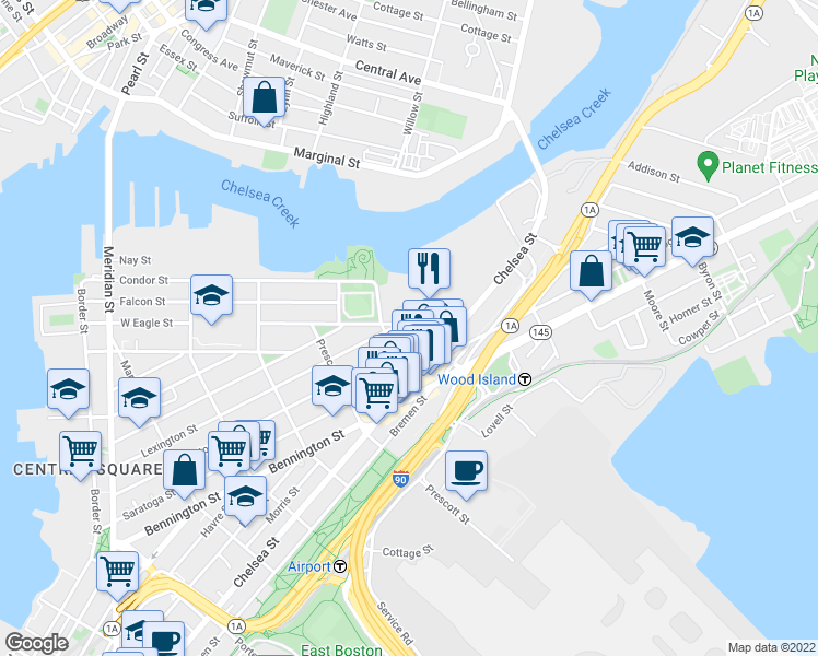 map of restaurants, bars, coffee shops, grocery stores, and more near 8 Shelby Street in Boston