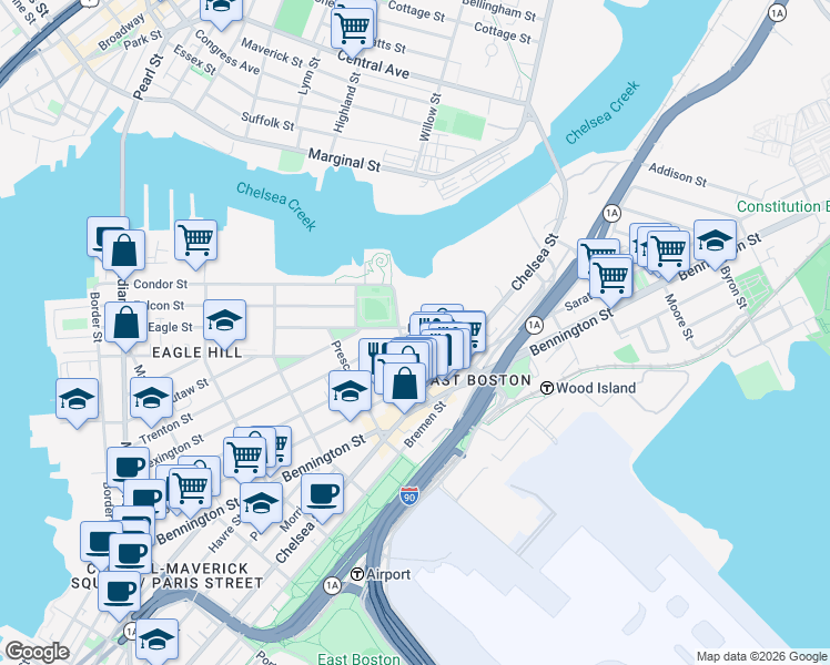 map of restaurants, bars, coffee shops, grocery stores, and more near 8 Shelby Street in Boston