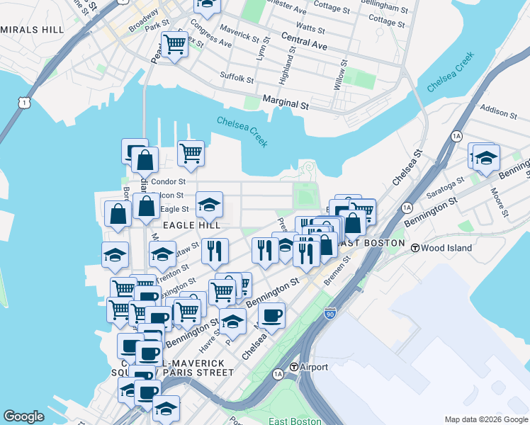 map of restaurants, bars, coffee shops, grocery stores, and more near 217 East Eagle Street in Boston