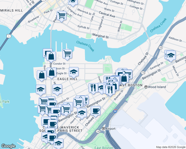 map of restaurants, bars, coffee shops, grocery stores, and more near 217 East Eagle Street in Boston