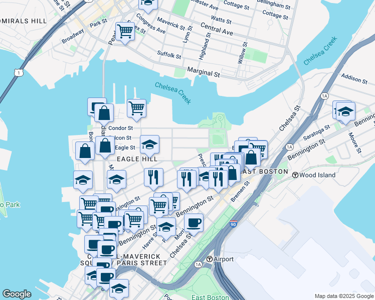 map of restaurants, bars, coffee shops, grocery stores, and more near 217 East Eagle Street in Boston